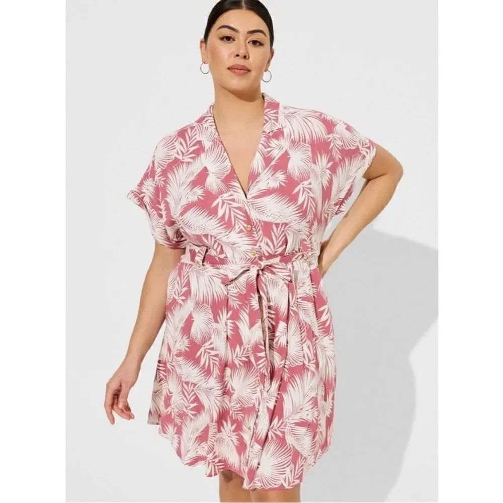 Torrid Palm Trees Print Design Button Front Collar Pockets Dress Vacation Resort